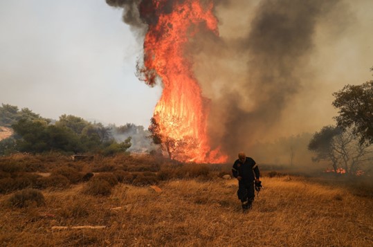 Seorang petugas pemadam kebakaran di dekat api yang mengamuk di Vlichada dekat Athena, Yunani, 19 Juli 2023. (Foto AA)