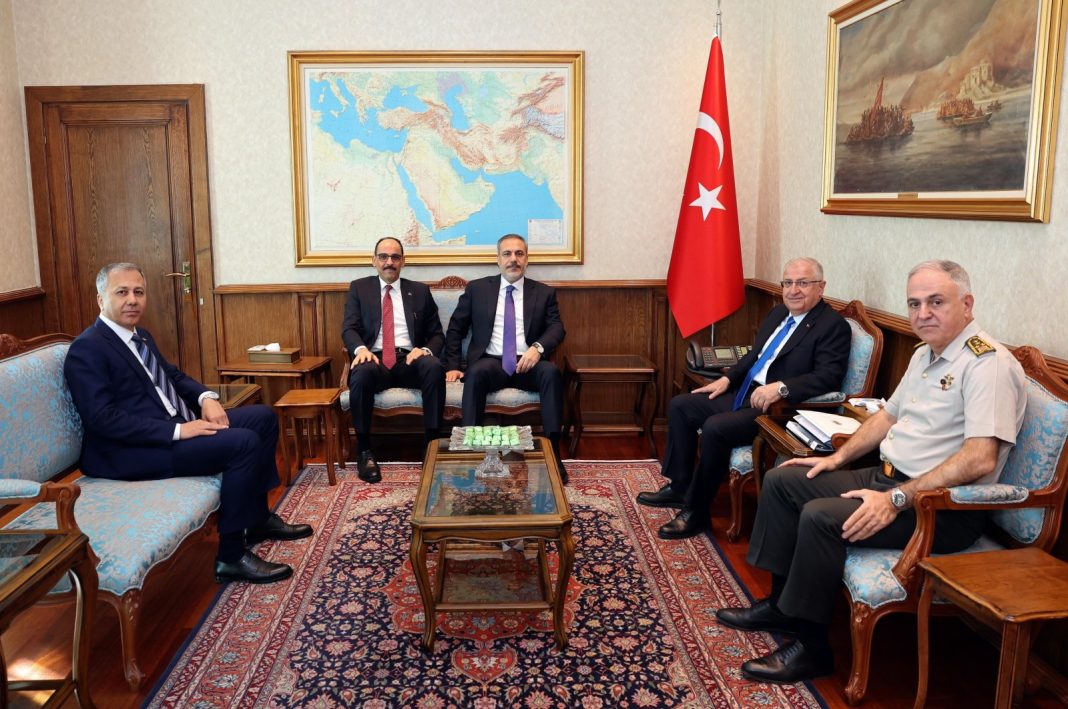 Defense Minister Yaşar Güler, Interior Minister Ali Yerlikaya, MIT Chief Ibrahim Kalın, Chief of Staff Gen. Metin Gürak attend a meeting at Defense Ministry headquarters in Ankara, Oct. 4, 2023. (IHA Photo)